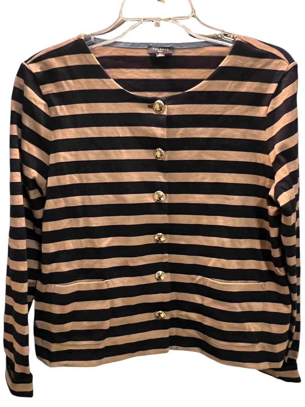 Talbots - 100% Cotton Black and Tan Striped Button-Front Top
